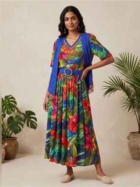 ALI MILES Multicolor Tropical Print Garment with Pink and Red Accents SIZE 12